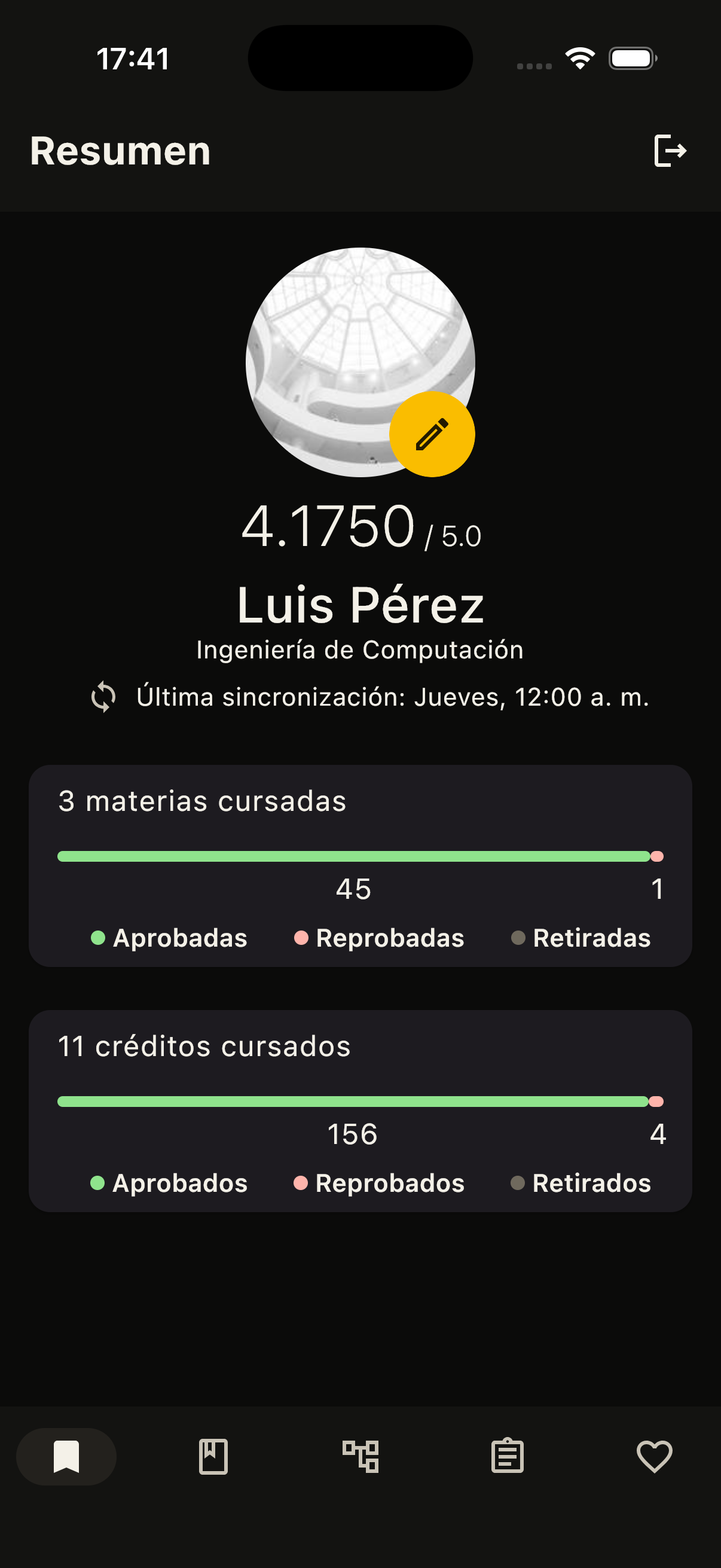 Pantalla de resumen académico de TuIndice